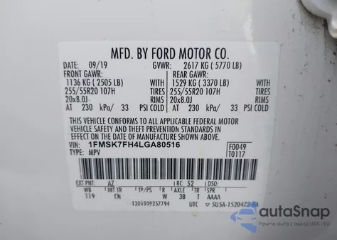 2020 Ford Explorer Limited z USA, uszkodzony, nr VIN 1FMSK7FH4LGA80516